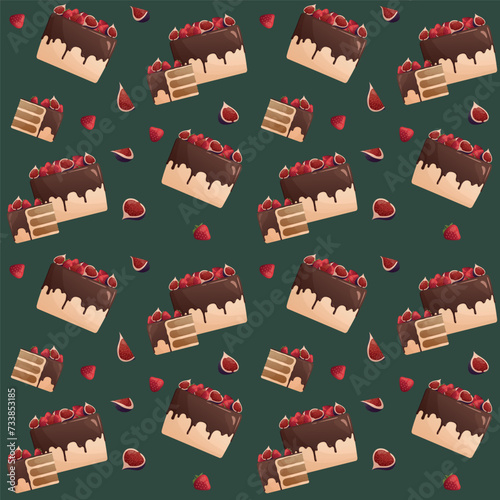 Green seamless pattern with decorated cake, strawberry, figs. Baking, bakery shop, cooking, sweet products, dessert, pastry concept. Perfect for product design, scrapbooking, textile, wrapping paper