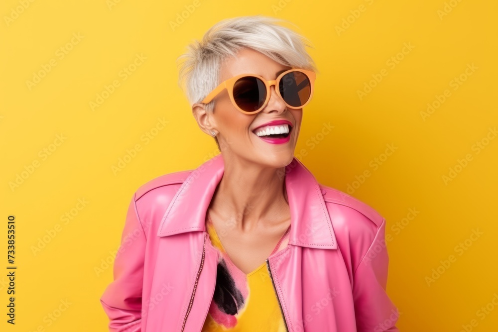 Portrait of a beautiful blonde woman in pink jacket and sunglasses over yellow background