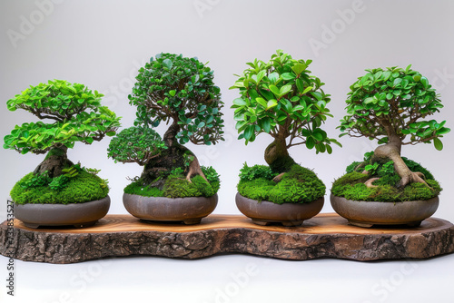 Group of Bonsai Trees on Wooden Stand