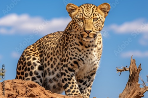 African leopard on safari adventure. exploring the savanna, climbing acacia trees in the wilderness