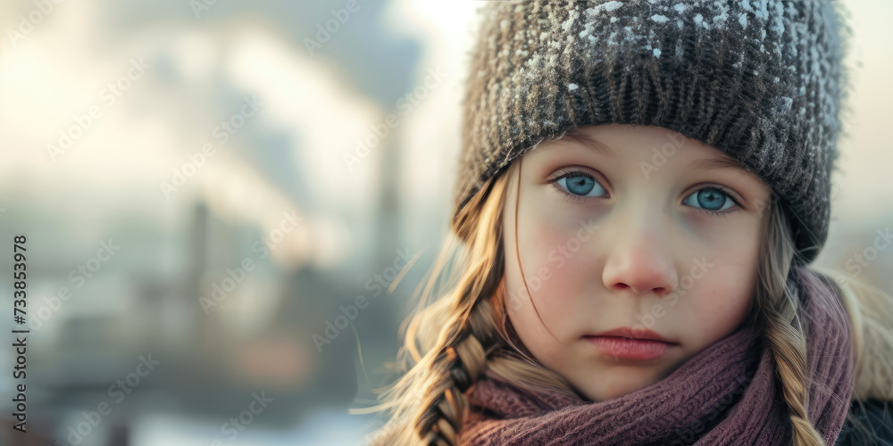 Child Contemplating Industrial Emissions. Young girl with a distant gaze, industrial smokestacks in the background. Protect children from exhaust fumes. Child Contemplating Industrial Emissions. Young girl with a distant gaze, industrial smokestacks in the background. Protect children from exhaust fumes.