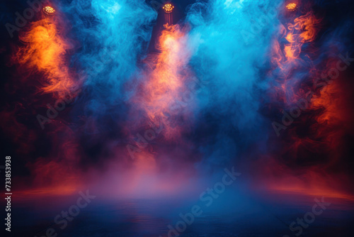 Group of Blue and Orange Smokes on Black Background, Illuminated by Lightning During a Foggy Night