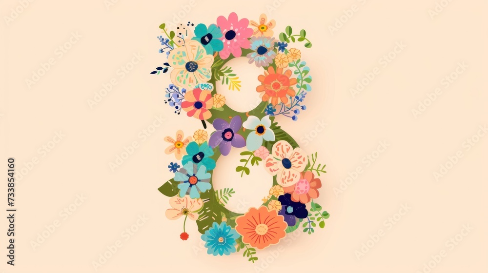 Stylized number eight, delicately composed of various flat-design flowers in a soft color palette on a cream background. Women's Day greeting card