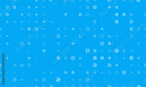 Seamless background pattern of evenly spaced white football symbols of different sizes and opacity. Vector illustration on light blue background with stars