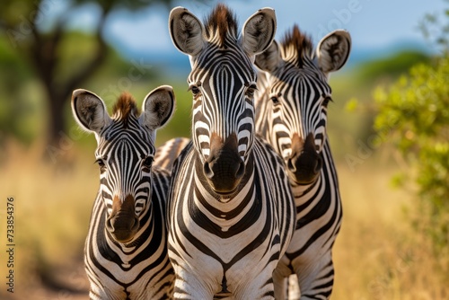 A family of zebras traversing the savanna amid a vibrant safari setting in the african wilderness