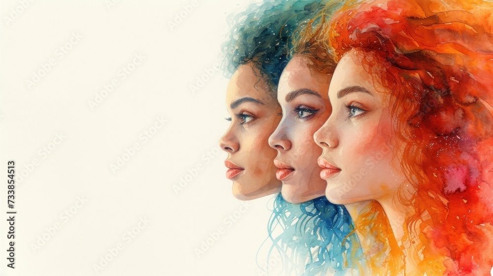 Watercolor illustration of three women with flowing hair in a gradient of cool to warm colors representing diversity