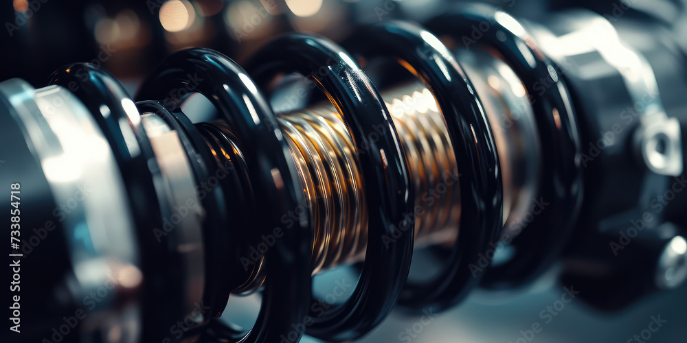 Close-Up of Car Suspension System. Close-up view of a car shock absorber and spring assembly. Close-Up of Car Suspension System. Close-up view of a car shock absorber and spring assembly.