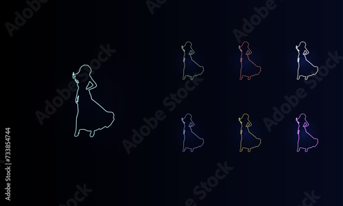 A set of neon lady symbols. Set of different color symbols, faint neon glow. Vector illustration on black background