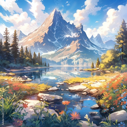 Breathtaking Panorama of Morning Wild Nature High in Mountains  Generative ai.