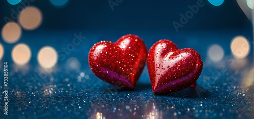 Two shiny red hearts lie together on a blue glitter background with bokeh lights.