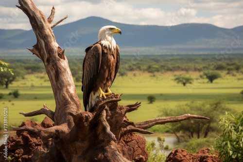 Graceful african fish eagle perched on branch amidst lush greenery of safari landscape photo