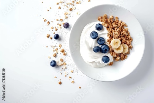 Plate healthy breakfast with granola, greek yogurt, fruits and blueberry berry on white background top view, flat lay