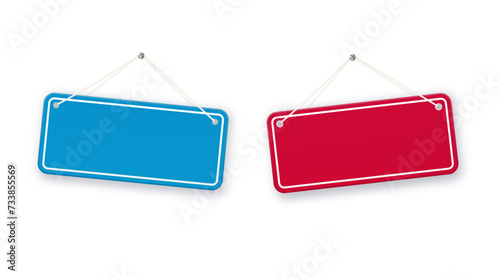 Red and blue shop door signs hanging isolated . Empty or blank sign for store, restaurant or cafe. Vector
