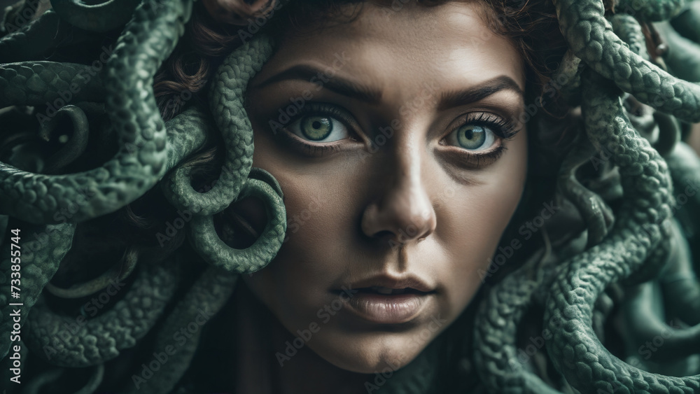 medusa woman with a large head of snakes on her head medusa woman with a large head of snakes on her head