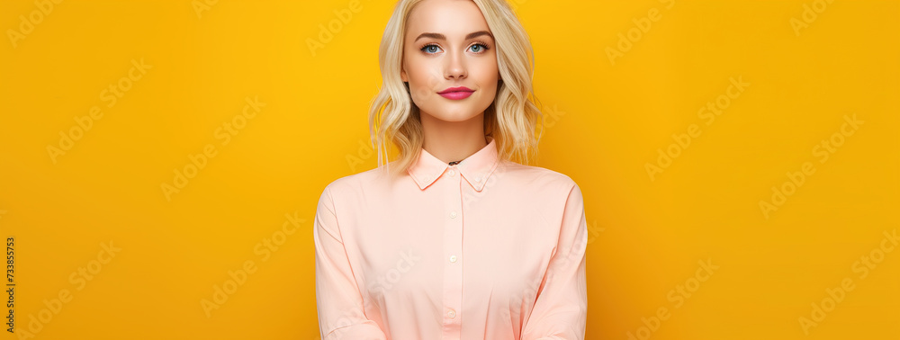 Confident Young Woman Posing Against a Bright Yellow Background Confident Young Woman Posing Against a Bright Yellow Background