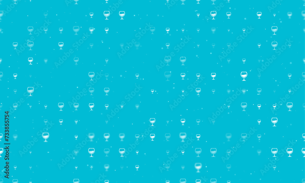 Seamless background pattern of evenly spaced white wineglass symbols of different sizes and opacity. Vector illustration on cyan background with stars Seamless background pattern of evenly spaced white wineglass symbols of different sizes and opacity. Vector illustration on cyan background with stars