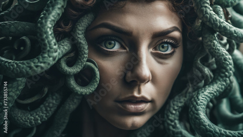 medusa woman with a large head of snakes on her head photo