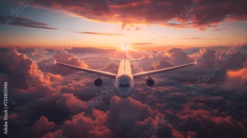 airplane in the sky at sunset, Adventures in Airborne Travel - Witness the Graceful Dance of an Aircraft Amidst the Billowing Clouds