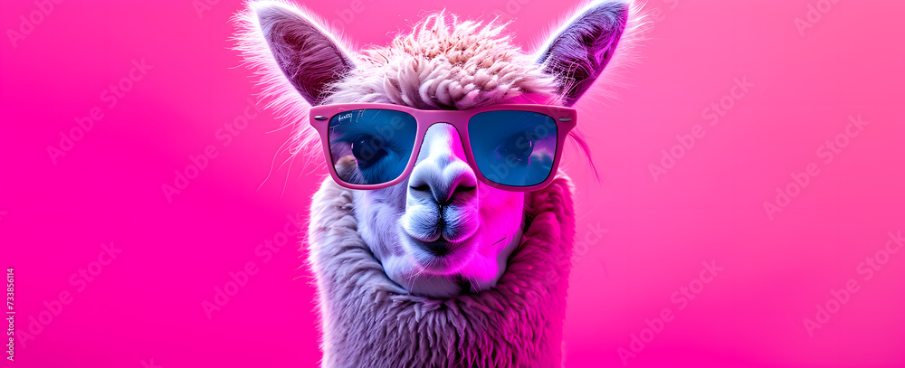Cartoon colorful lama with pink sunglasses on bright background