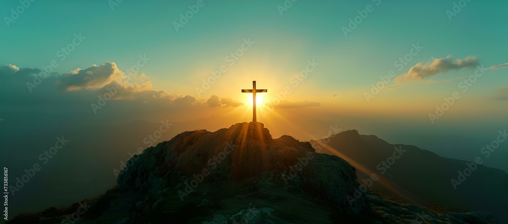 Serene sunrise behind a cross on a mountain. symbol of hope and faith. beautiful landscape with warm light. panoramic scenery in a peaceful setting. AI - obrazy, fototapety, plakaty 