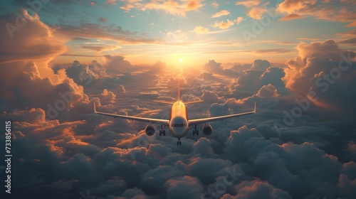 airplane in the sky at sunset, Adventures in Airborne Travel - Witness the Graceful Dance of an Aircraft Amidst the Billowing Clouds