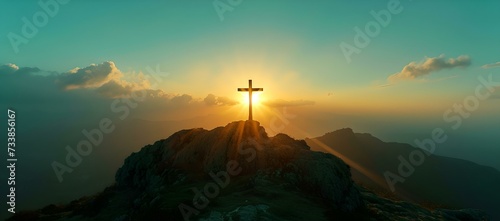 Serene sunrise behind a cross on a mountain. symbol of hope and faith. beautiful landscape with warm light. panoramic scenery in a peaceful setting. AI