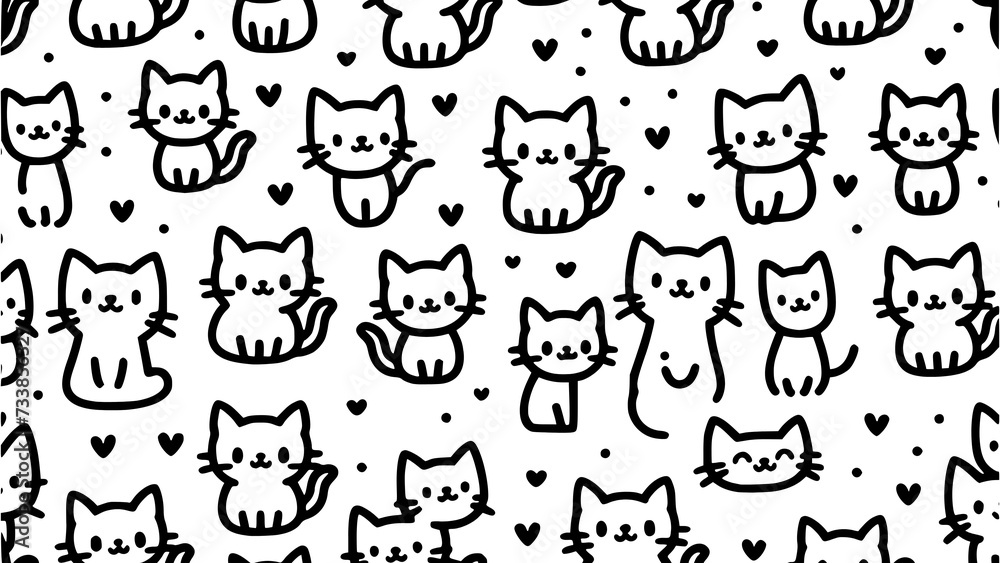 Seamless pattern cute cat family minimalist line art