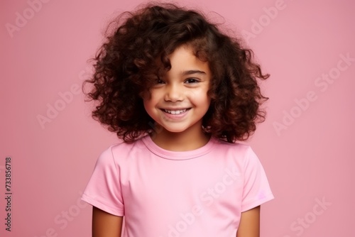 Portrait of a smiling little girl with curly hair over pink background © Iigo