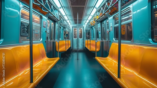 Standpoint from within a plain, hued subway car with seats and big copy space, Generative AI. photo