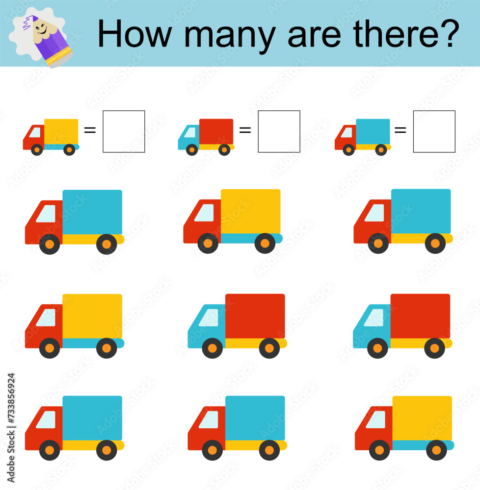 Math activity for children. Developing numeracy skills. Cartoon trucks.