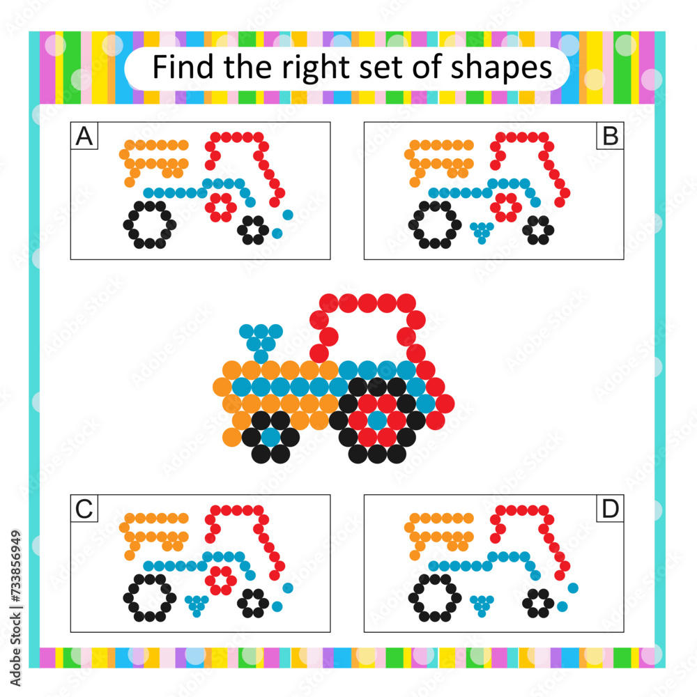 Logic puzzle for children. Find the correct set of cartoon tractor. Answer is C.