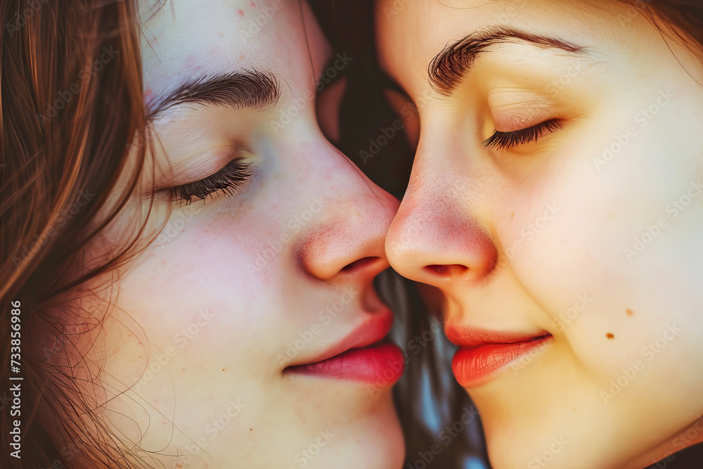 Couple of different sexual orientations kissing, focus on the detail of the lips approaching, international kissing day, April Couple of different sexual orientations kissing, focus on the detail of the lips approaching, international kissing day, April