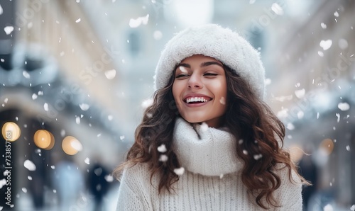 Portrait of a happy young woman with long brown hair having fun on a street full of snow. Knitted hat, white wool sweater, great smile, closed eyes, enjoying winter