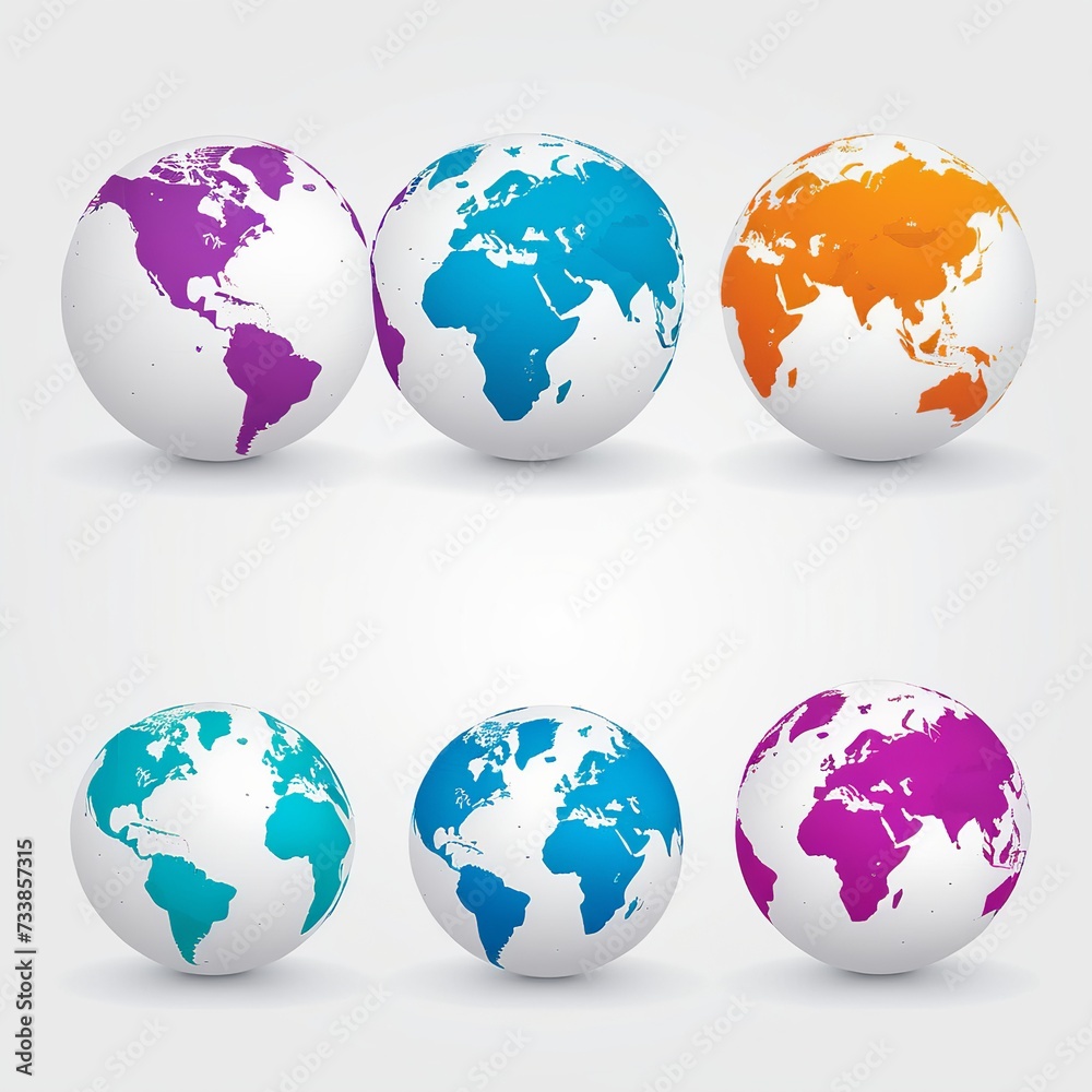 Detailed Vector Icon of White 3D Globes with Colorful Continents