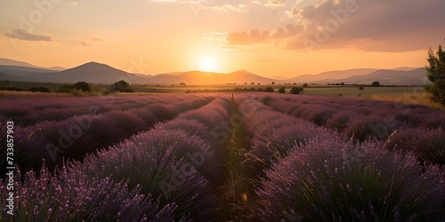 Breathtaking lavender fields at sunset, serene rural landscape. a soothing scene for relaxation and natural beauty. landscape photography, perfect for wallpapers and backgrounds. AI