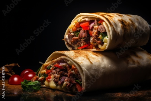 Delicious shawarma with copy space, appetizing middle eastern cuisine, tasty pita wrap sandwich