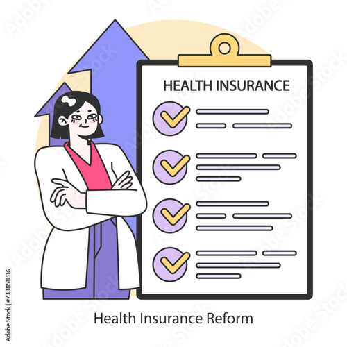 Health Insurance Reform concept. Overhauling policies for comprehensive coverage. Ensuring patient rights and benefits. Flat vector illustration.