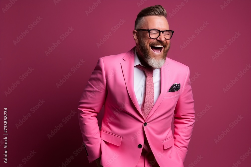 Portrait of a stylish senior man in a pink suit and glasses. Portrait of a stylish senior man in a pink suit and glasses.