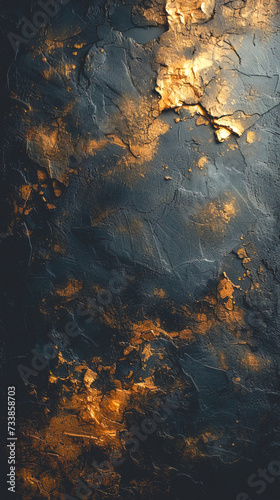 Abstract dark background with cracks and gold paint.