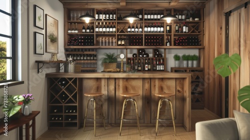 Sophisticated Wine Bar with Oak Bar Counter AI Generated.