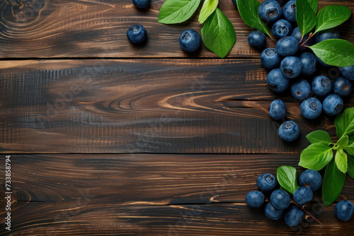 Blueberries and Leaves on a Wooden Table