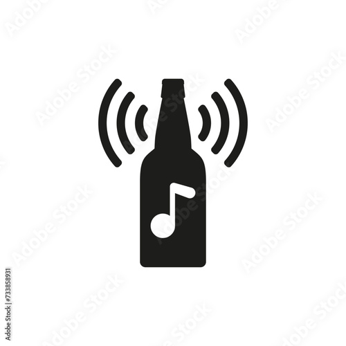 A bottle of beer with a musical note and Wi-Fi symbol. Music and beer. Vector silhouette. 