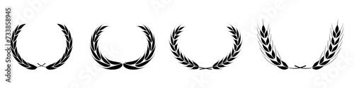 Set black silhouette of round laurel foliage, wheat, depicting an award, an achievement on a white background. Floral greek branch emblem flat style. Vector EPS 10