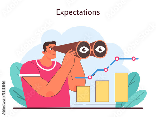 Expectations concept. Focused analysis on business growth trends with a futuristic outlook for stakeholder objectives. Flat vector illustration.
