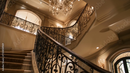 Luxurious Staircase with Wrought Iron Railing and Extravagant Chandelier