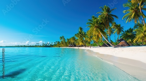 Tropical beach with palm trees and blue water  sea  ocean