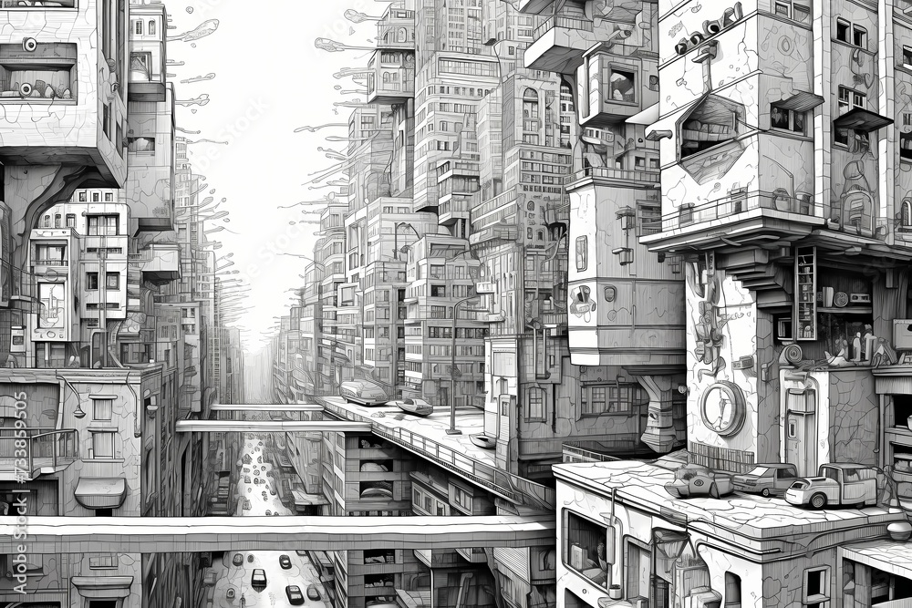 A bustling cityscape with skyscrapers and busy streets, line drawing, no background, no detail, no color.