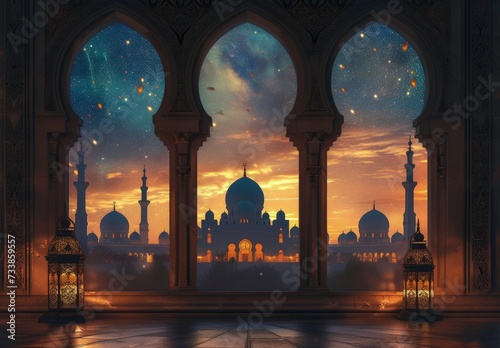 ramadan islamic mosque window view. ramadan background. three islamic mosque window with beautiful mosque view with sun raw. eid al fitr background © Divine123victory