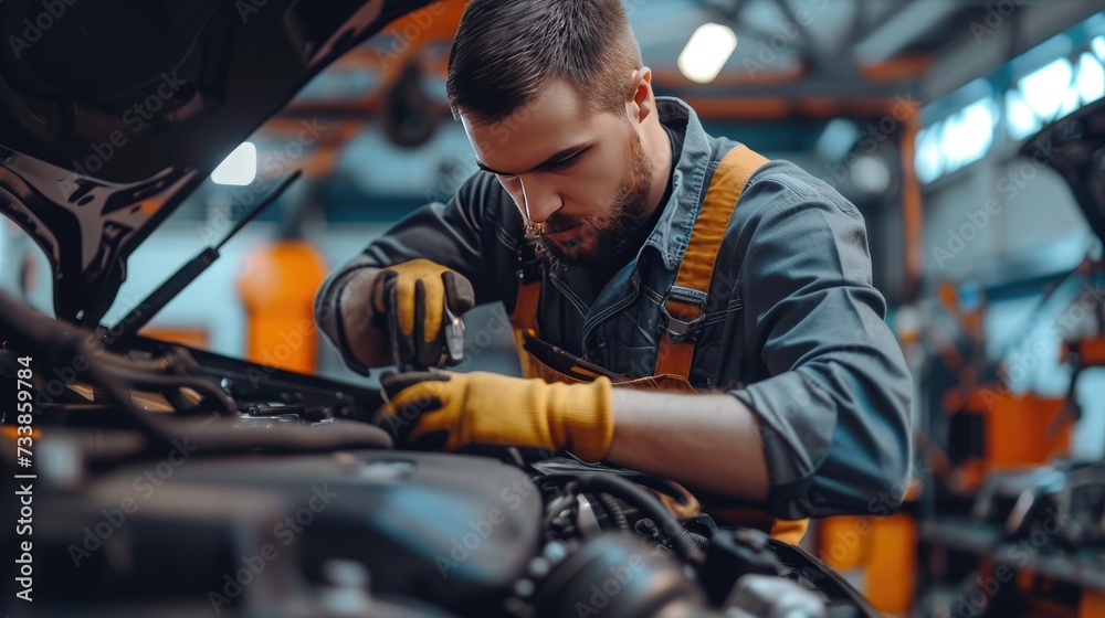 Auto mechanic working on car broken engine in mechanics service or garage