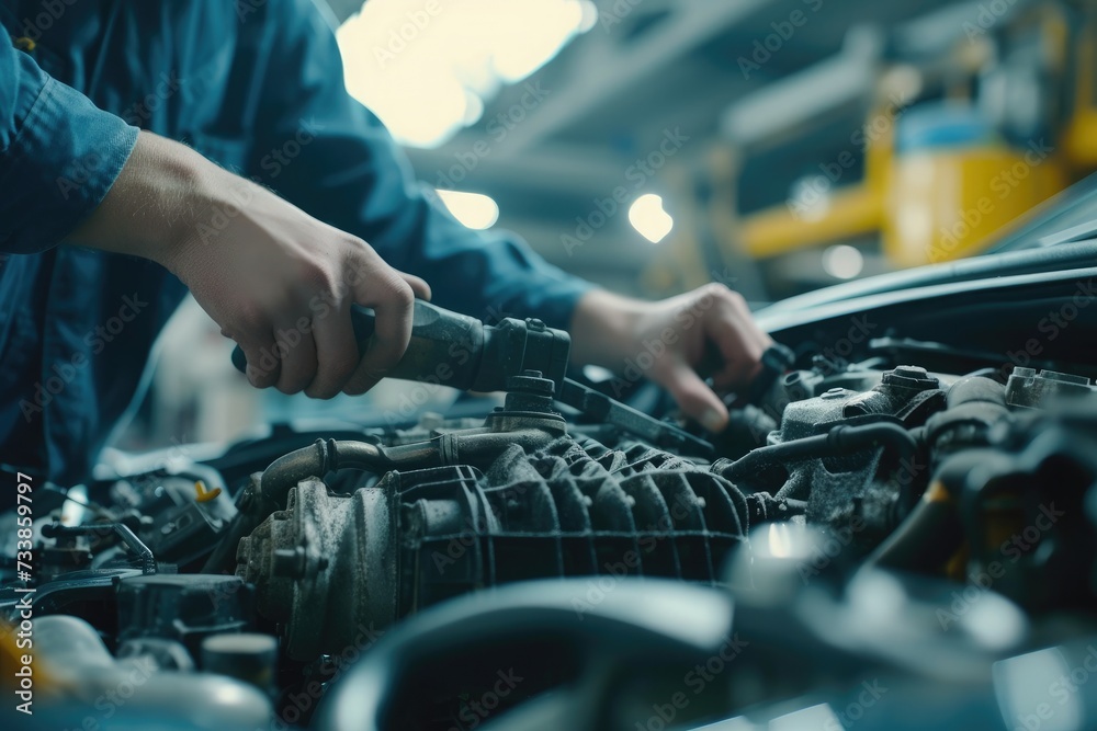 Auto mechanic working on car broken engine in mechanics service or garage Auto mechanic working on car broken engine in mechanics service or garage